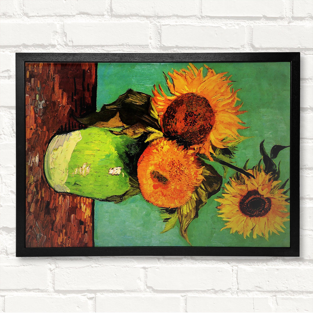 Drei Sonnenblumen in einer Vase von Vincent Van Gogh - Geschlossener Eckrahmen Kunstdrucke auf Holz