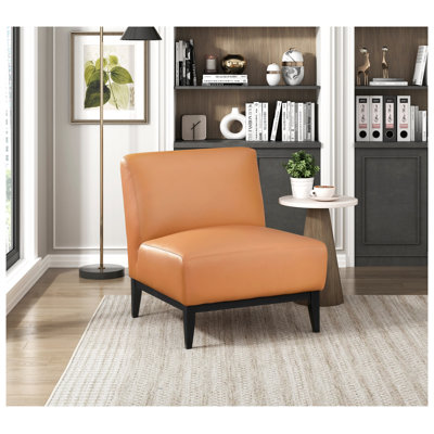 Fauteuil d'appoint orange en cuir fleur avec structure en bois massif et pieds noirs