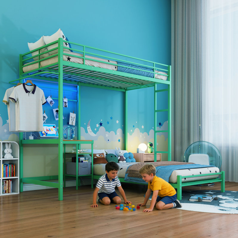 Bunk Bed Twin Over Twin Size With Desk Station L-Shaped Metal Bunk Bed Storage Shelves And Drawers Loft Beds With Safety Guardrail And Ladder For Teen,Green