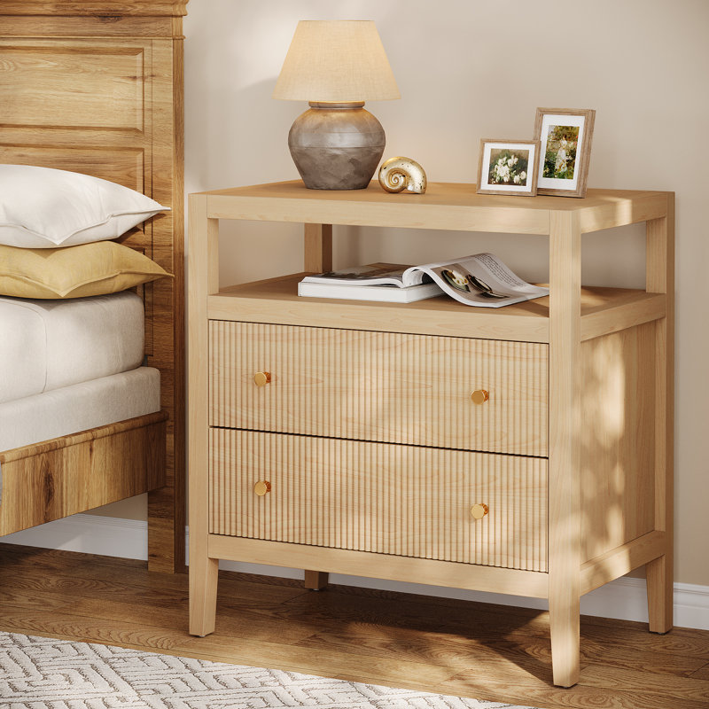 Farmhouse 2-Drawer Nightstand with Open Shelf, Modern Bedside Table in Oak