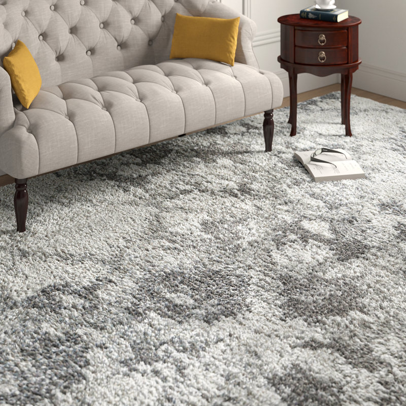 Rectangular Gray and White Synthetic Shag Rug