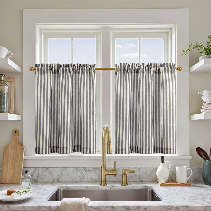 Linen Rod Pocket  Light Filtering Striped Kitchen Cafe Curtains Curtains, 26" W x 24" L, Black/Beige