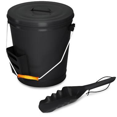 Deluxe Galvanized Ash Bucket with Handle, Lid and Double-Layer Bottom -  Charcoal Black