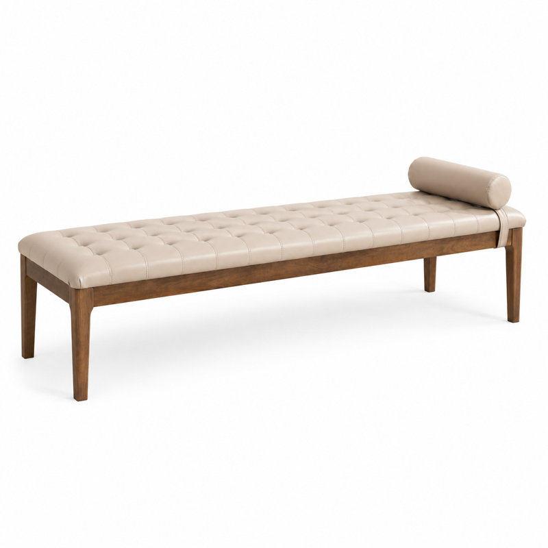 Banc contemporain en cuir Nano avec appui-tête amovible capitonné à boutons profonds et structure en bois d'hévéa pour la fenêtre ou le vestibule de la chambre à coucher