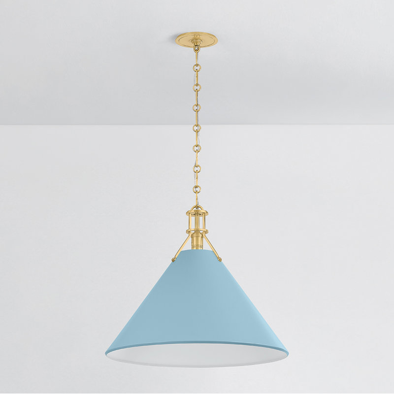 Painted No. 2 Pendant in Aged Brass and Blue Bird by Mark D. Sikes, Brass, 17.5" H x 21" W x 21" D, Blue Bird