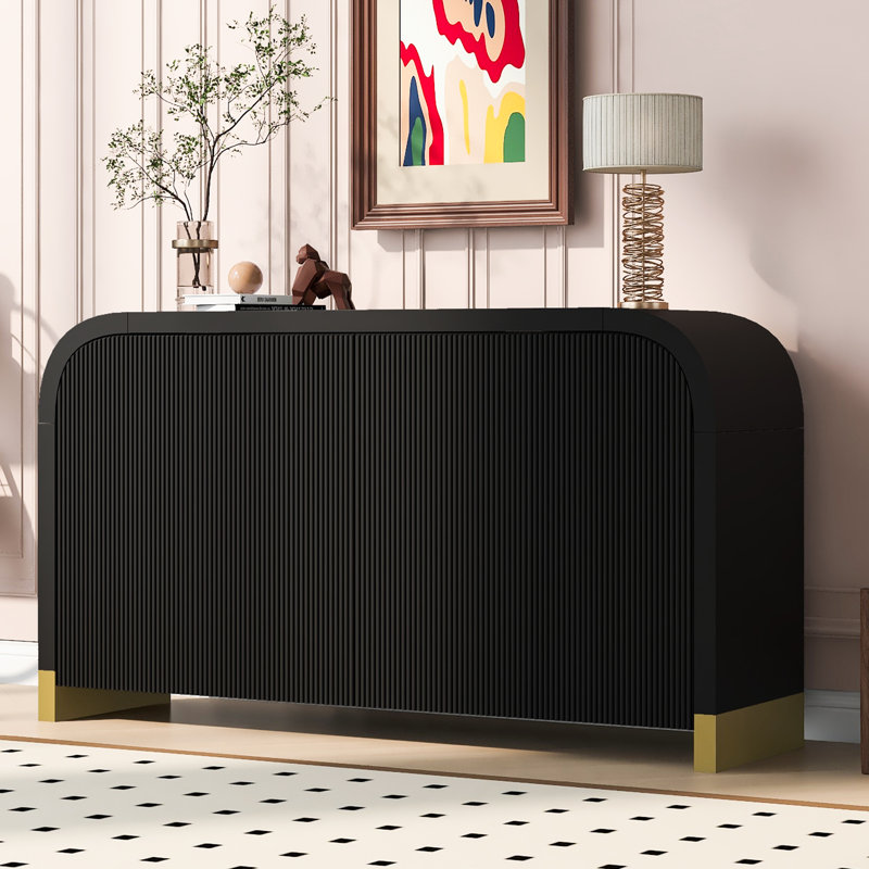 Modern Sideboard With Adjustable Storage Shelves, 4-door Curved Corner Design Wavy Door Panel Cabinet, Black