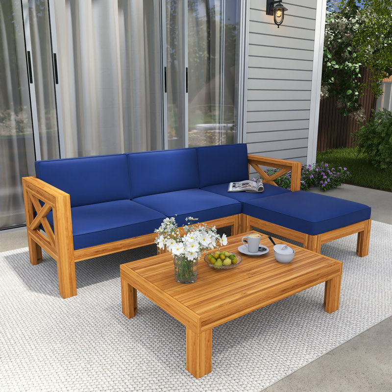 Ensemble de conversation modulaire en bois massif 5 pièces avec coussins, Bleu