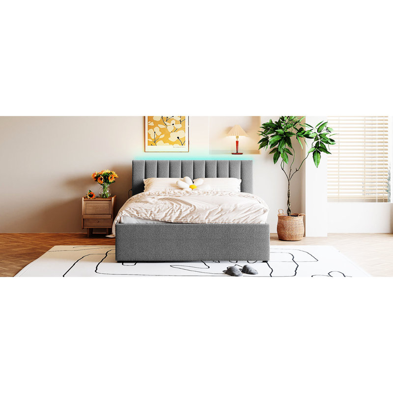 Lit plateforme tapissier avec lit gigogne simple TG et tissu serein gris grand, Gris, Grand lit