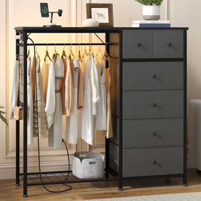 6-Drawer Storage Dresser with LED Lights, Hanging Rack & Charging Station