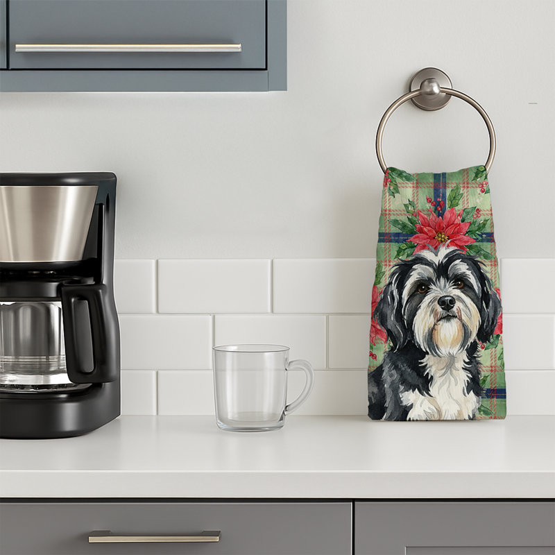 Black and White Tibetan Terrier Christmas PoinsettIas Kitchen Towel, Black/White Tibetan Terrier
