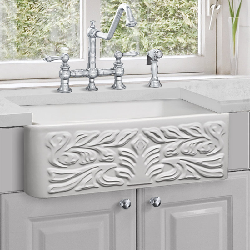 Whitehaus 30” Reversible Single Bowl Fireclay Kitchen Sink: Roman Floral, Fluted Front Apron, White