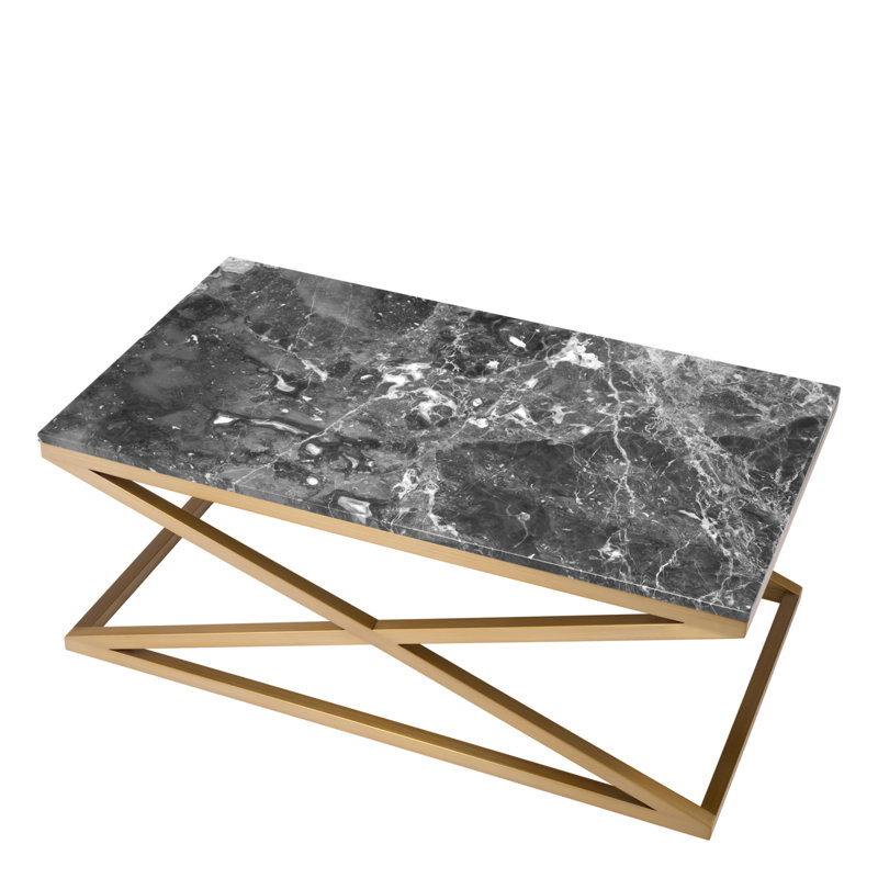 Coffee Table Criss Cross Brushed Brass Finish - Gray Marble