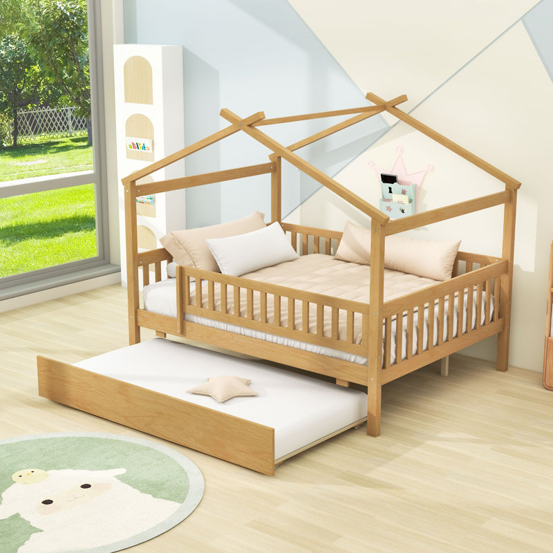 Lit double en bois avec lit gigogne simple et garde-corps, Naturel, Double