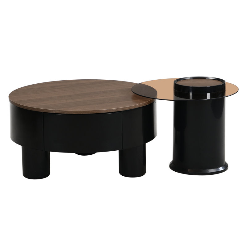 Salon, plastique noir, table basse gigogne ronde, tiroir de rangement, solution peu encombrante, concept de design moderne, matériaux, utilisation adaptable de 2, centre en plastique avec tiroir pour les petites pièces,