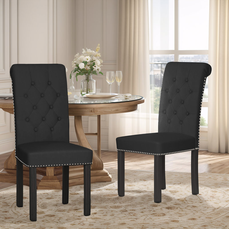 Tufted Full Back Nailhead Trim Parsons Upholstered Dining Chair Side Chair, Linen Traditional Armless Chairs with Solid Wood Legs for Dining Room Kitchen Living Room