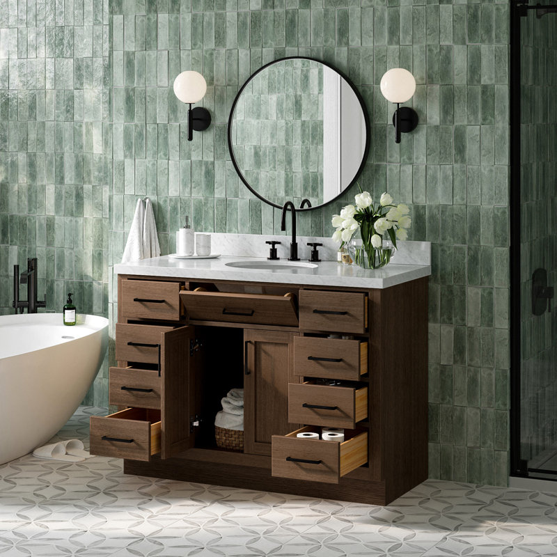 Tidworth 48'' Solid Wood Single Bathroom Vanity with 1.5'' Carrara Marble Top Sink, Oval, Brown Oak