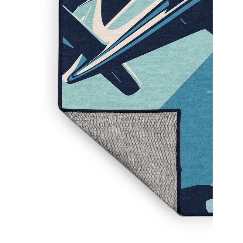 Machine Washable Kendari Seaplane Airplane Coastal Rug in Gray – Navy Binding, 4x6