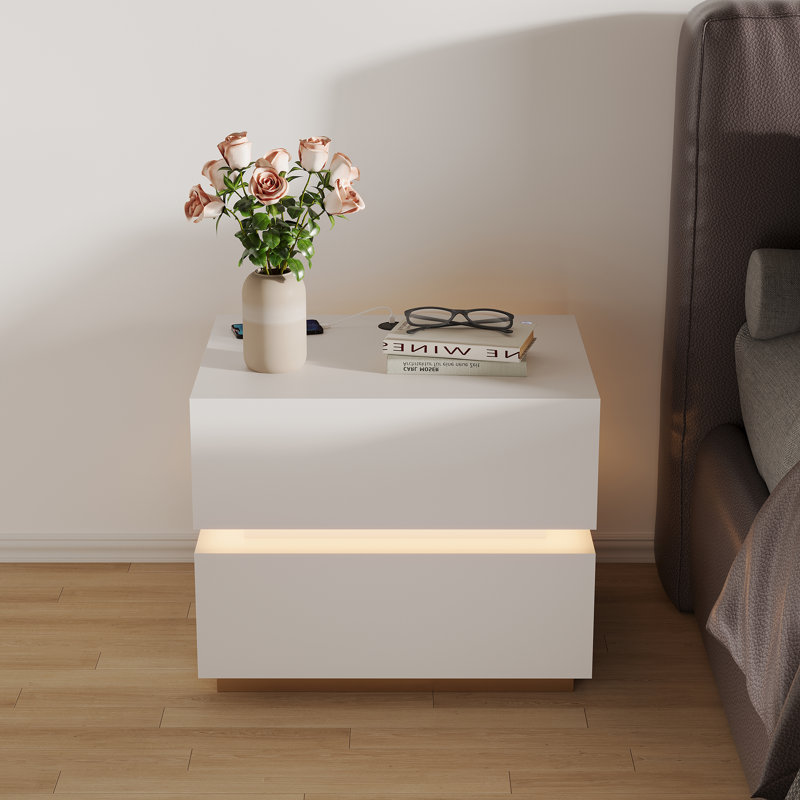 Modern Nightstand With 2 Drawers, LED Lighting & Wireless Charging, White