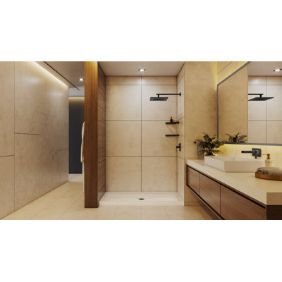 DreamLine SlimLine 30 inch D x 60 inch W x 2 3/4 inch H Single Threshold Biscuit Alcove Shower Base with 2 inch Matte Black Center Round Drain