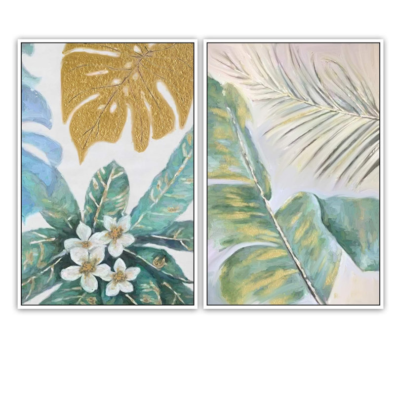 «Tropical Jungle Leaveas Abstract», 2 pièces, H 36 po x l 24 po, Blanc