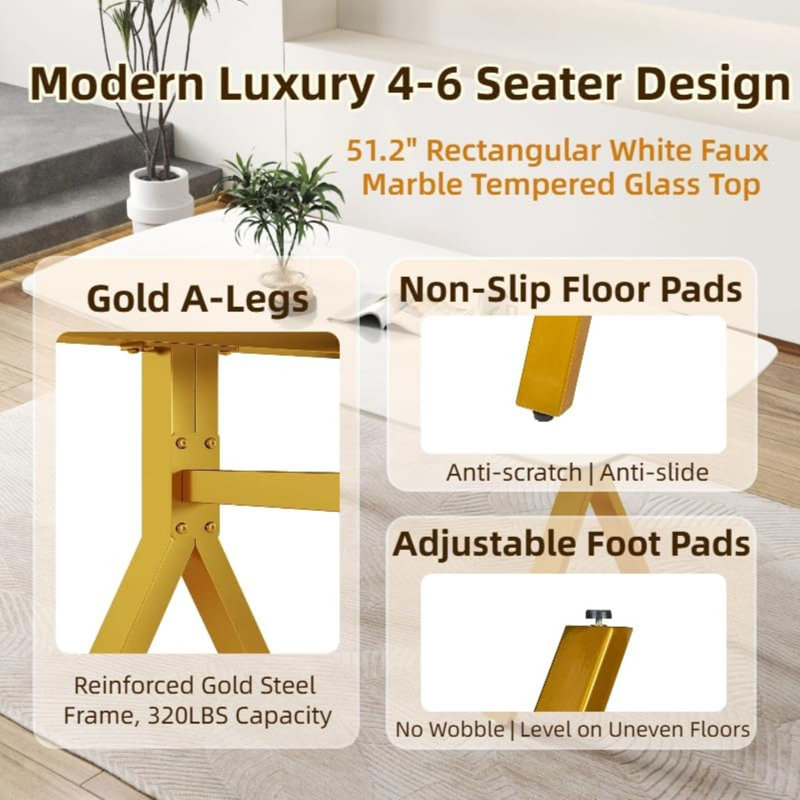 51'' Marble Design Tempered Glass Rectangular Dining Table with Metal Legs, Gold, Gold Legs