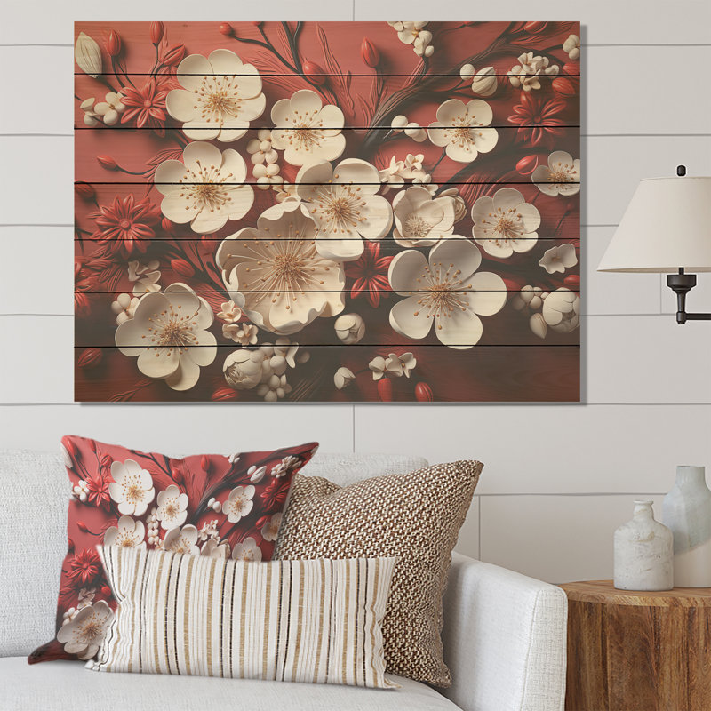 Orchidées blanches et rouges III - Floral abstrait sur bois, H 34 po x l 44 po