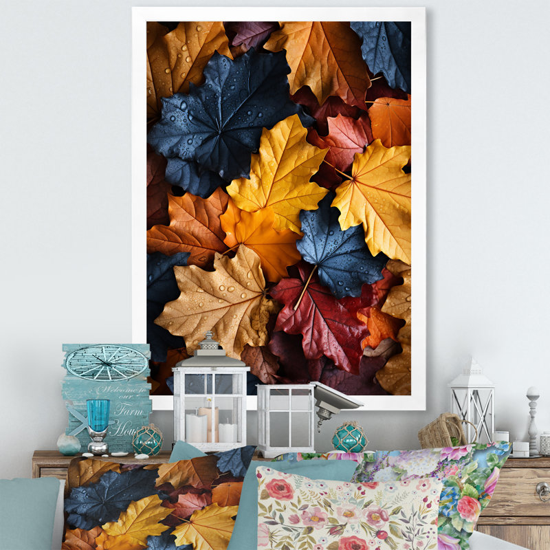 «Yellow Autumn Maple Leaves I» - art mural feuilles, Cadre simple blanc, H 40 po x l 30 po x P 1,5 po
