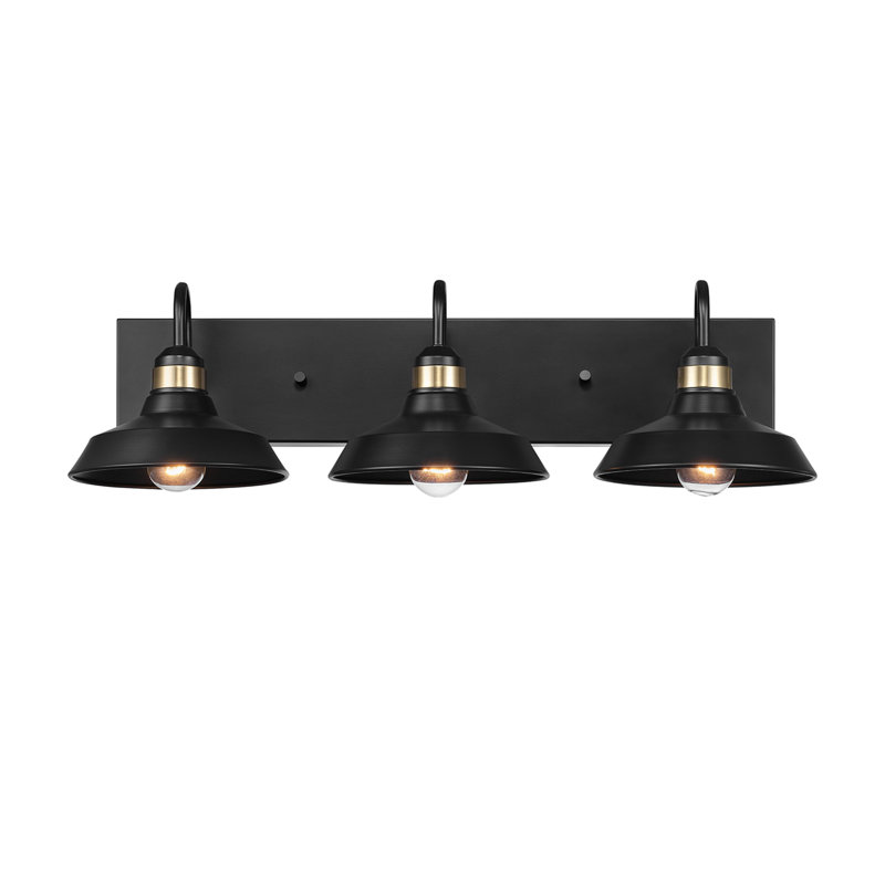 Éclairage pour meuble-lavabo 3 lumières 24 po, noir mat, accents laiton mat, abat-jour en métal noir avec ampoule exposée, accessoires de salon de beauté, éclairage de salle de bain sur miroir, éclairage de miroir de maquillage, applique murale