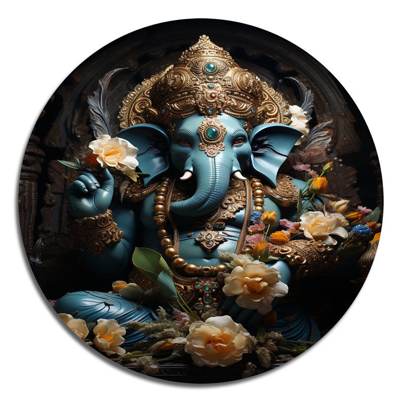 Art indien bleu sarcelle doré Ganesha mystique, H 16 po x l 16 po