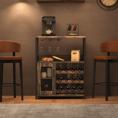 Armoire à vin à 3 niveaux avec support à vin amovible, armoire à vin avec porte-verre et porte en filet, buffet de café pour le salon ou la salle à manger