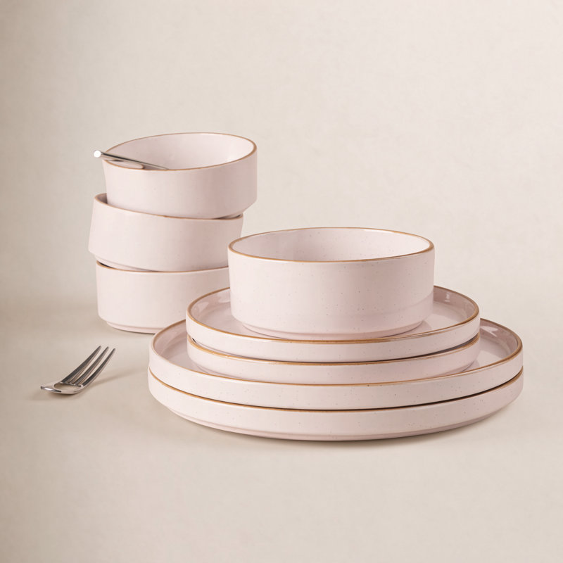 Ensembles de vaisselle 24 pièces Nebula, rose clair avec bordure brune, Rose clair avec bordure brune
