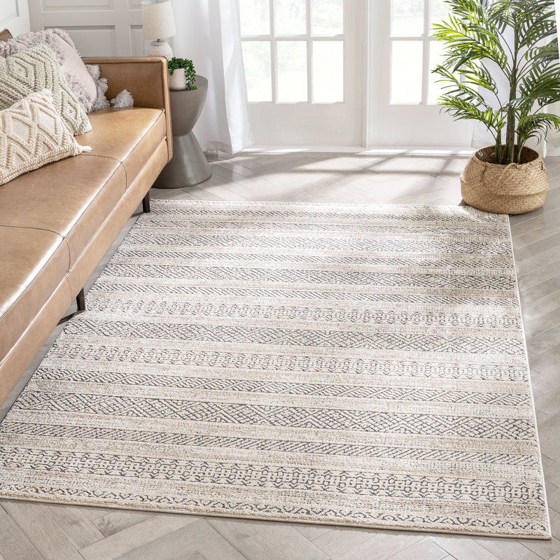 Beige Geometric High-Low Synthetic Rectangular Area Rug