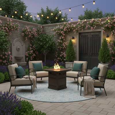 25"H x 28"W Square Outdoor Propane Fire Pit Table with SS Cover Lid and Hideaway Gas Tank Seat