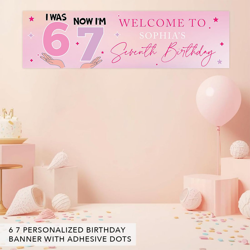 Koyal Wholesale 13 x 48 pouces personnalisé 6 à 7 anniversaire bannière, thème rose personnalisé