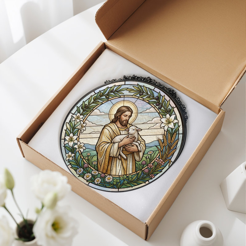 Panneau de vitrail en agneau Jésus H 12 po, H 12 po
