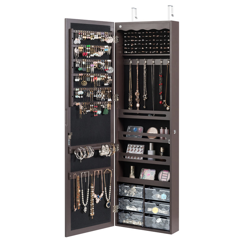 Armoire à bijoux murale verrouillable avec miroir et lumières DEL Red Barrel Studio®, Brun