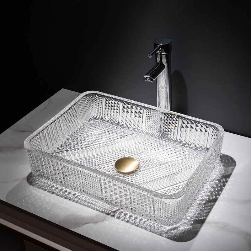 Modern Glass Bathroom Sinks Rectangle Transparent Bathroom Vessel Sink Clear Wash Sink with Drain