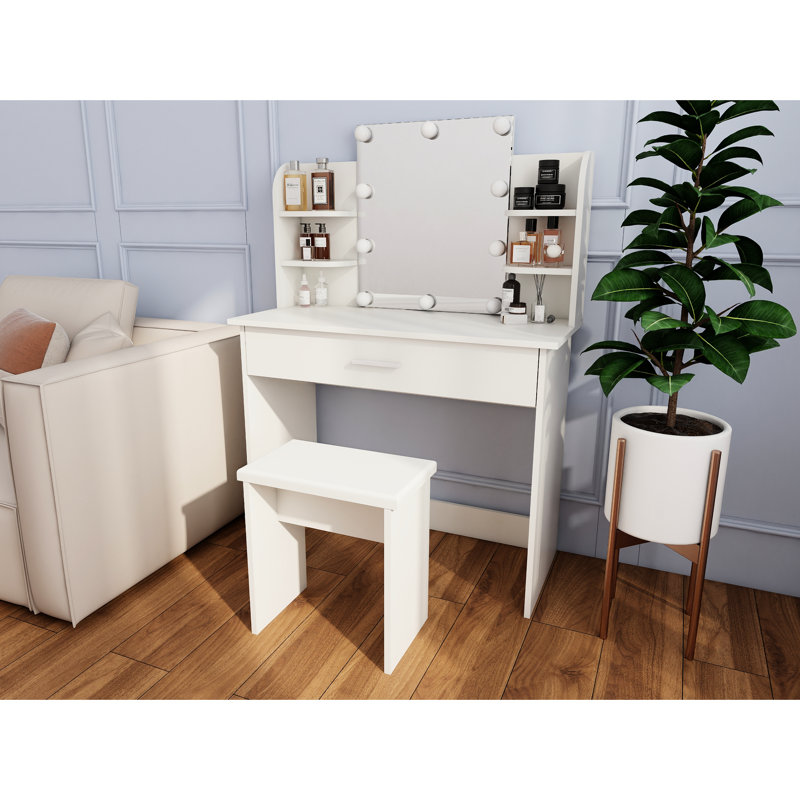 Adjustable Mirror One Drawer Vanity Table, Spacious And Shelves, Comfortable Seating, Modern White Look, Particle Board + , 15.55 In Width, 49.4 Height Table With Drawer, Mirror, Design, Ancient