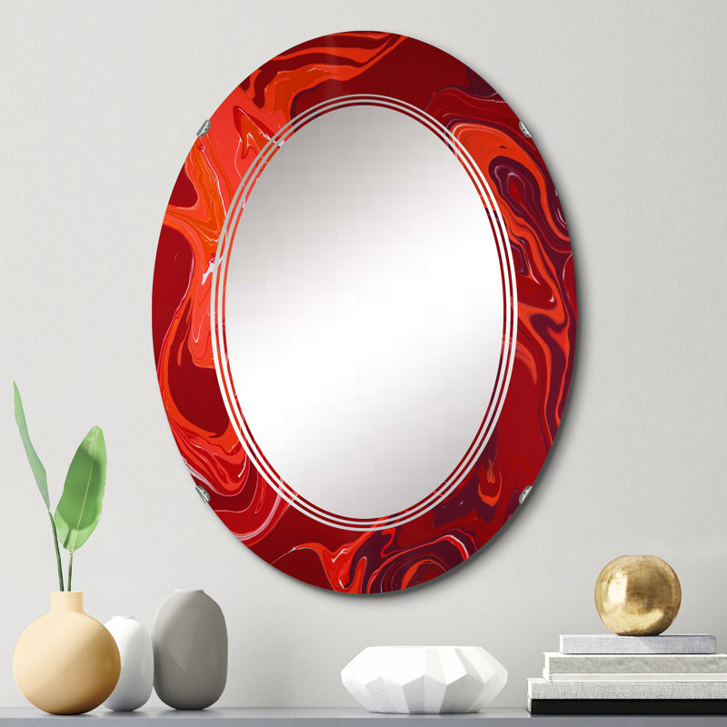 Art de marbre liquide rouge flamme moderne - miroir mural ovale, 30 po x 20 po