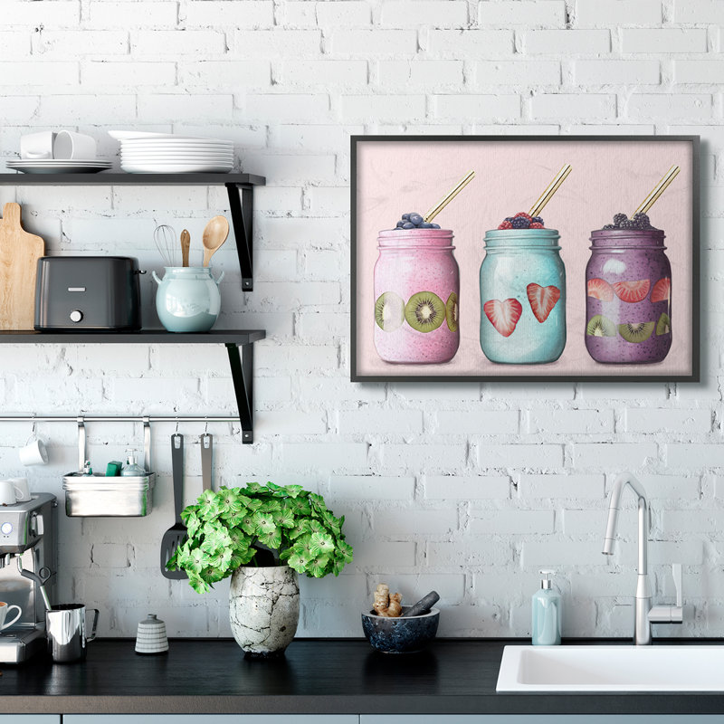 «Fruit Smoothie Jars Food Pink», impression, H 24 po x l 30 po, Giclée encadrée noir minuit