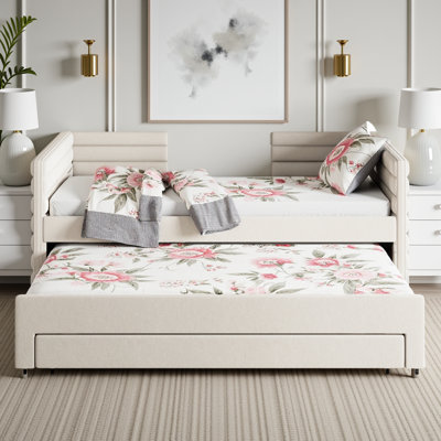 Lit de jour simple avec couchette coulissante et 3 tiroirs de rangement, lit tapissier en chenille