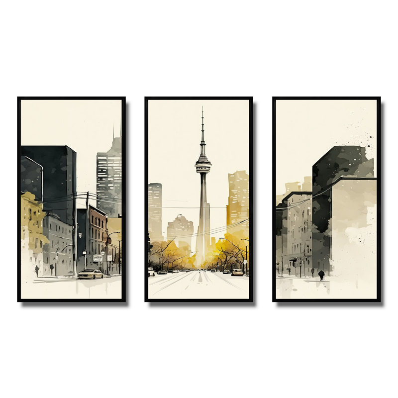 Toronto Skyline IV - 3 pièces sur toile, Cadre noir, H 28 po x l 36 po x P 1 po