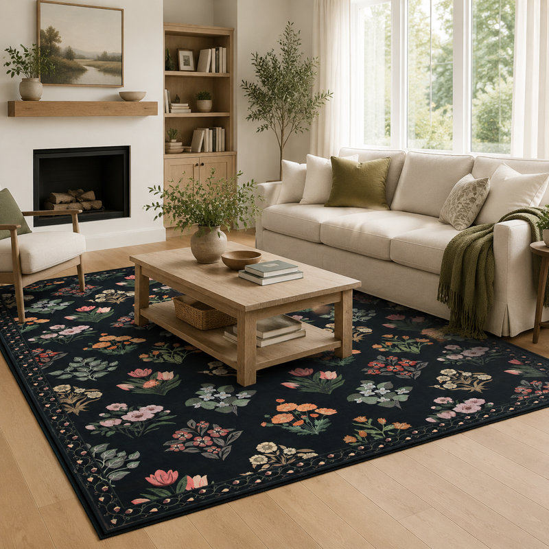Tapis lavable à motif floral rétro avec envers antidérapant Vintage Garden, Noir, Rectangle 5 pi x 7 pi
