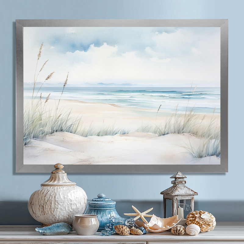 «Soft Color Beach Horizon III - Coastal Minimalisme», art mural, Cadre doré simple, H 34 po x l 44 po x P 1,5 po