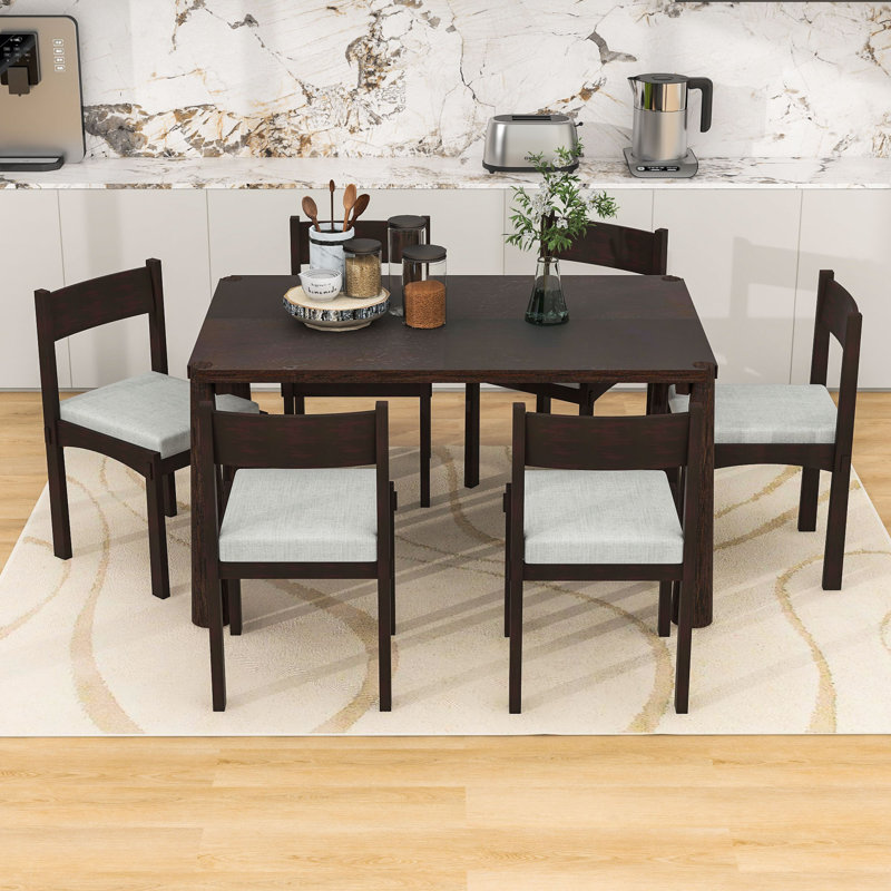 Ensemble de table de salle à manger 7 pièces avec 6 chaises rembourrées, Espresso