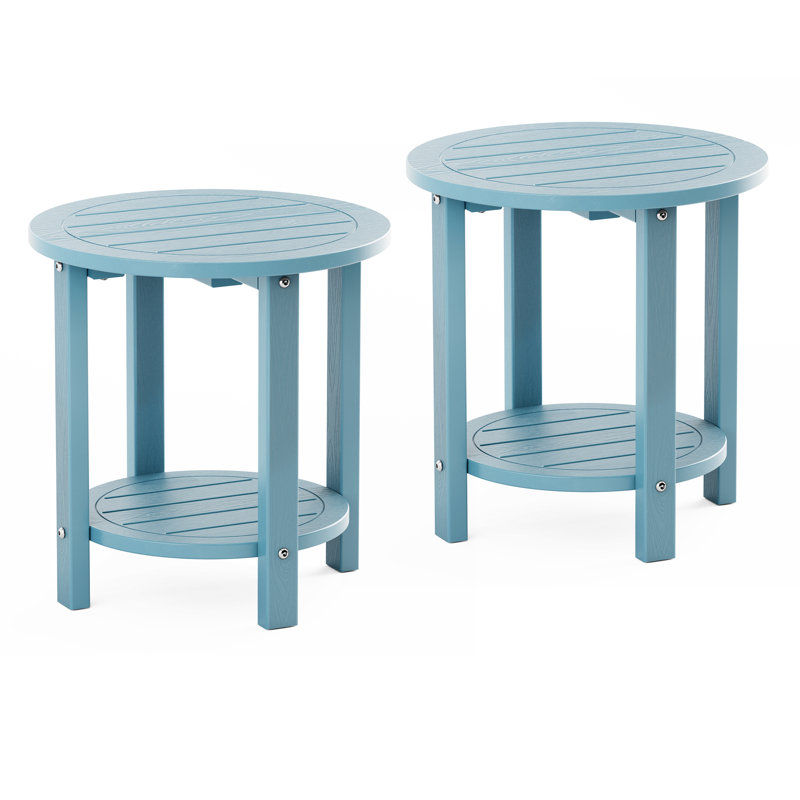 16 Inch Round Outdoor Side Table Adirondack Plastic/Resin Patio Side Table Weather Resistant End Table with Storage Shelf （Set of 2）
