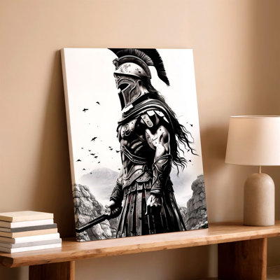 Spartan Warrior affiche noir blanc casque armure bataille impression sur toile, noir blanc moderne, œuvre d'art moderne pour le salon chambre bureau couloir galerie décoration murale
