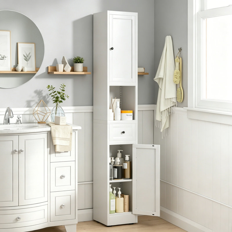Grande armoire de rangement pour salle de bain avec 2 portes et tablettes réglables, Blanc
