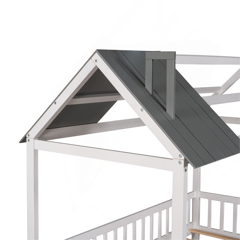 Lit en bois avec clôture, Blanc / Gris