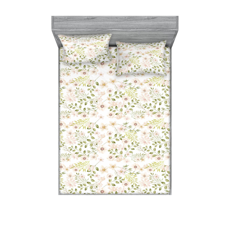 Drap-housse et taies décoratives 3 pièces Ambesonne, Rosé / motif floral vert olive pâle